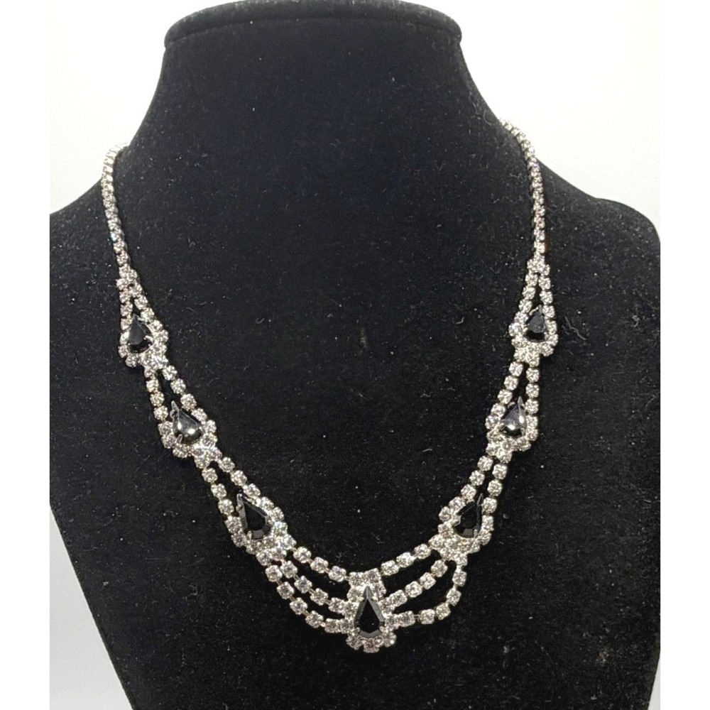 Rhinestone Necklace Teardrop Black Stones‎ Statement 15-18" High Sparkle